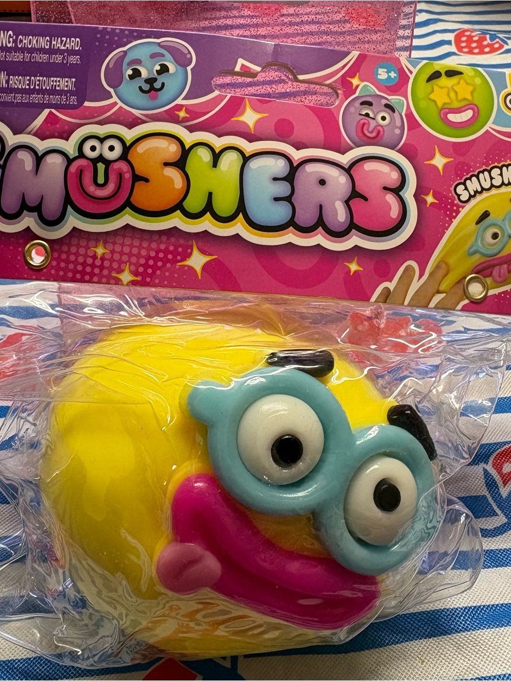 ORB Smusher Yellow Smiley Squishy with Blue Glasses and Pink Mouth